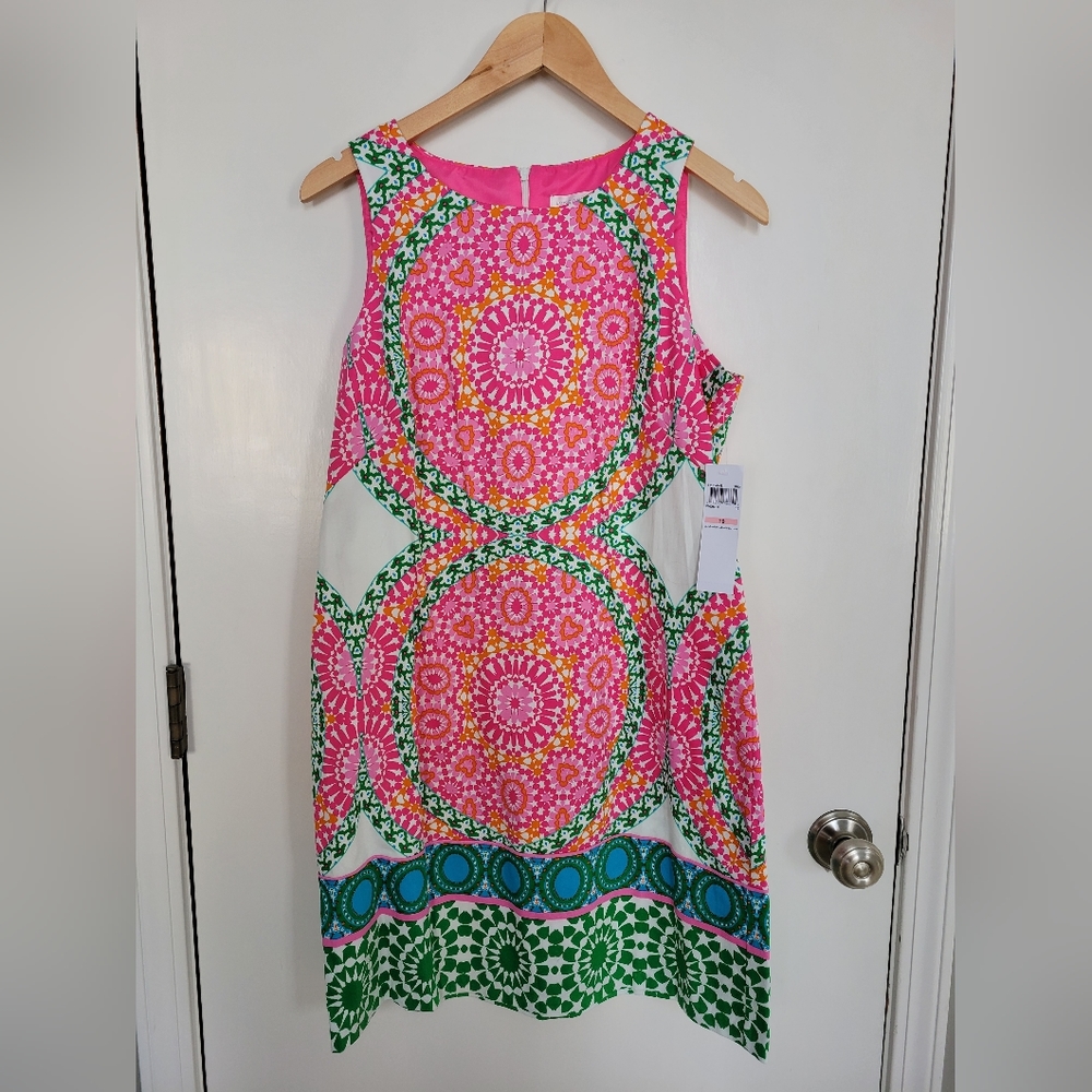 London Times Pink/Green Shift Dress Size 10